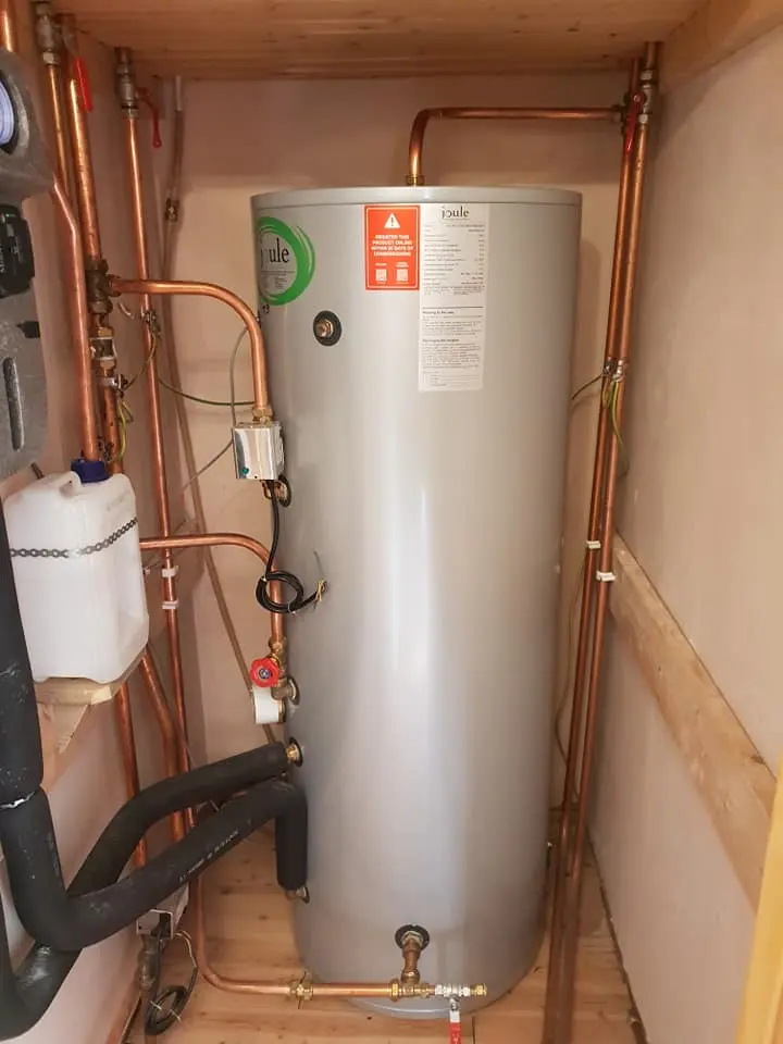 Joule hot water cylinder installed with copper pipework connections